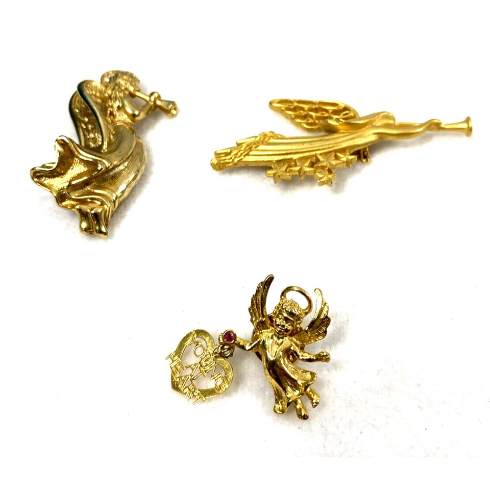 3 Vintage Goldtone Angel Pins Womens Gerry Gold Crown Unmarked Jewelry Gift